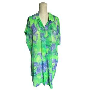 Vintage 70s Roxanne Bra Sized Swim Coverup Nylon Neon Green Blue Floral Mesh PS